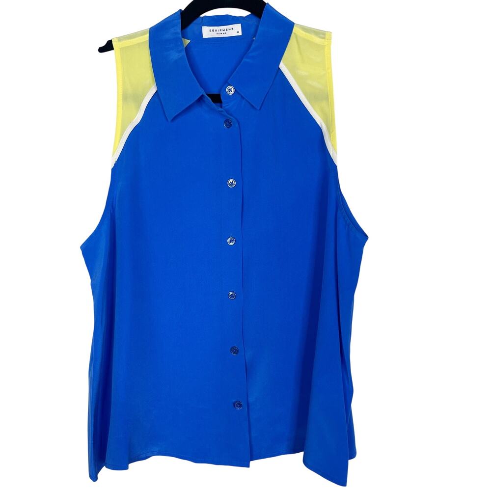 Equipment M Silk Mina Sleeveless Blouse Electric Blue Yellow White Colorblock